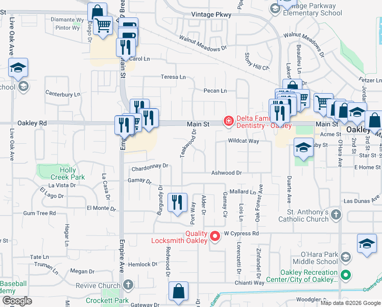 map of restaurants, bars, coffee shops, grocery stores, and more near 4915 Edgewood Court in Oakley