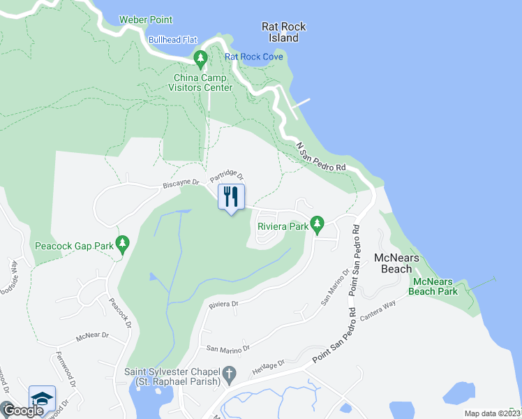 map of restaurants, bars, coffee shops, grocery stores, and more near Biscayne Dr & Knollwood Dr in San Rafael