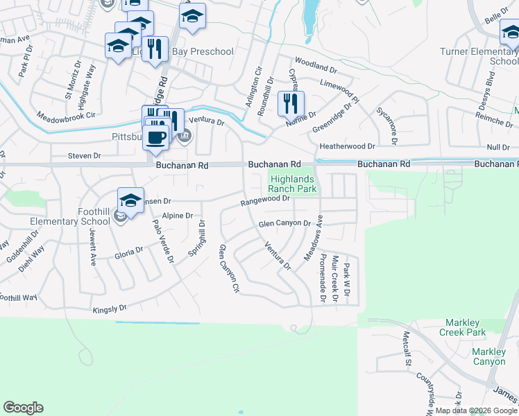 map of restaurants, bars, coffee shops, grocery stores, and more near 167 Rangewood Drive in Pittsburg