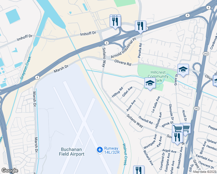 map of restaurants, bars, coffee shops, grocery stores, and more near 1701 Solano Way in Concord