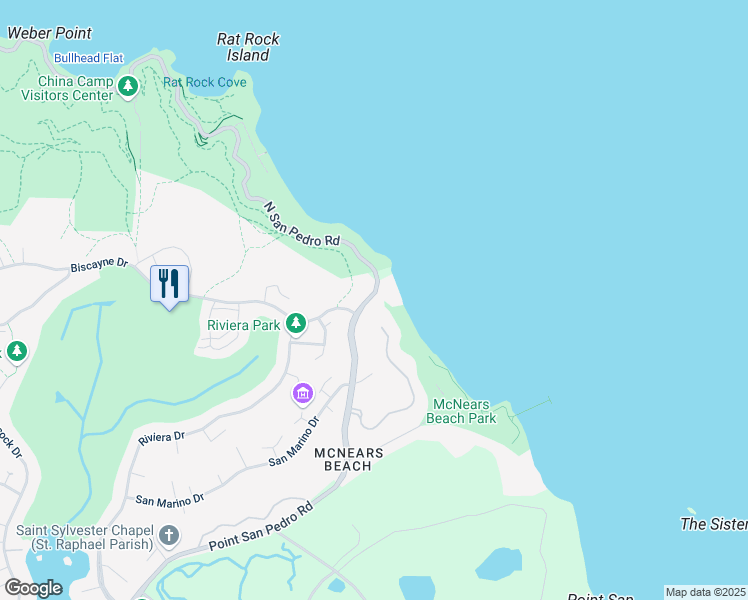 map of restaurants, bars, coffee shops, grocery stores, and more near 1820 Point San Pedro Road in San Rafael