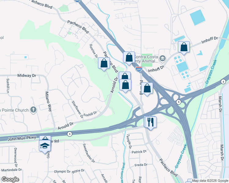 map of restaurants, bars, coffee shops, grocery stores, and more near 901 Tierney Place in Martinez