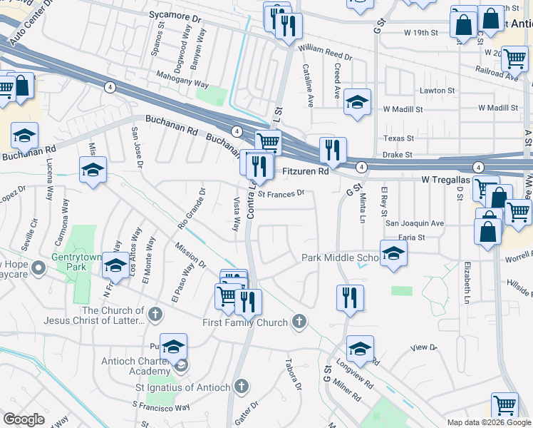 map of restaurants, bars, coffee shops, grocery stores, and more near 1027 San Carlos Drive in Antioch