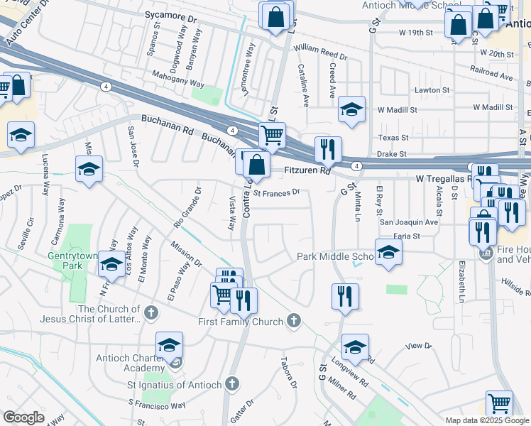 map of restaurants, bars, coffee shops, grocery stores, and more near 1023 San Carlos Drive in Antioch
