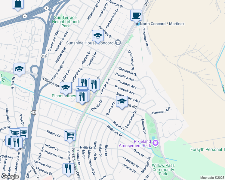 map of restaurants, bars, coffee shops, grocery stores, and more near 2543 Montgomery Avenue in Concord