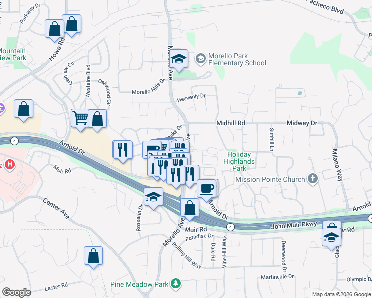 map of restaurants, bars, coffee shops, grocery stores, and more near Morello Ave & Maywood Ln in Martinez