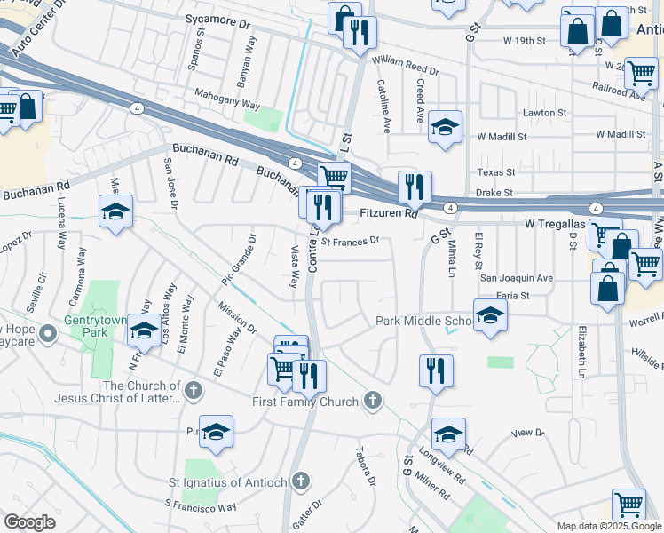 map of restaurants, bars, coffee shops, grocery stores, and more near 1013 Saint Frances Drive in Antioch