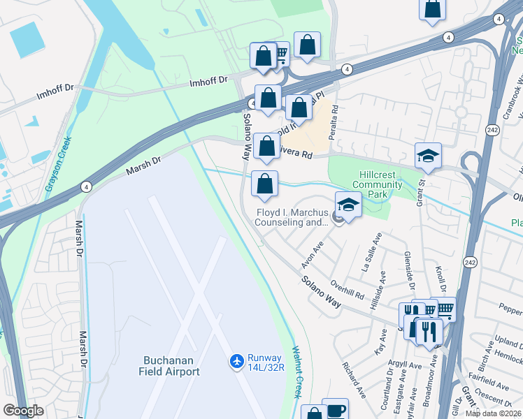 map of restaurants, bars, coffee shops, grocery stores, and more near 1701 Solano Way in Concord