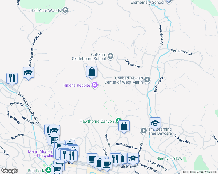 map of restaurants, bars, coffee shops, grocery stores, and more near 119 Woodside Drive in San Anselmo
