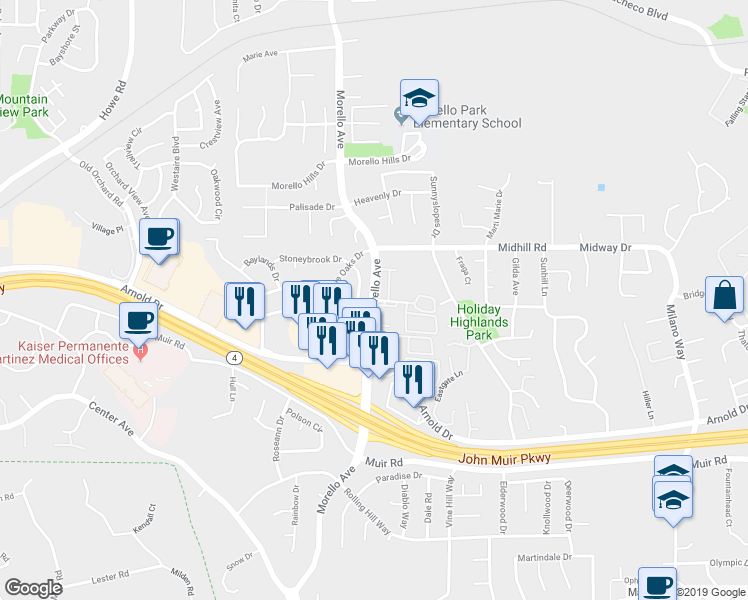 map of restaurants, bars, coffee shops, grocery stores, and more near 1001 Maywood Lane in Martinez