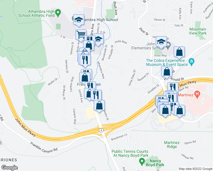 map of restaurants, bars, coffee shops, grocery stores, and more near 3933 Alhambra Way in Martinez