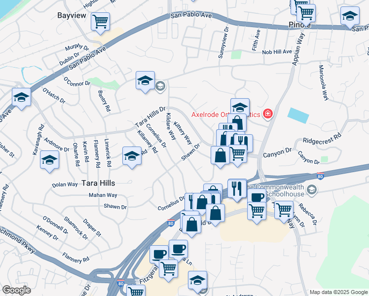 map of restaurants, bars, coffee shops, grocery stores, and more near 976 Kittery Way in Pinole