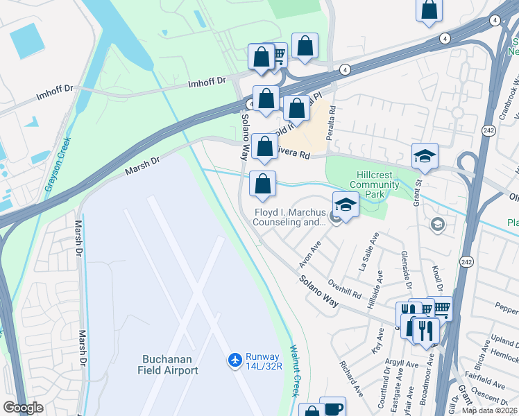 map of restaurants, bars, coffee shops, grocery stores, and more near 1701 Solano Way in Concord