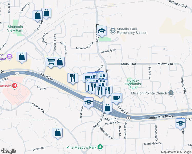 map of restaurants, bars, coffee shops, grocery stores, and more near 1066 Village Oaks Drive in Martinez
