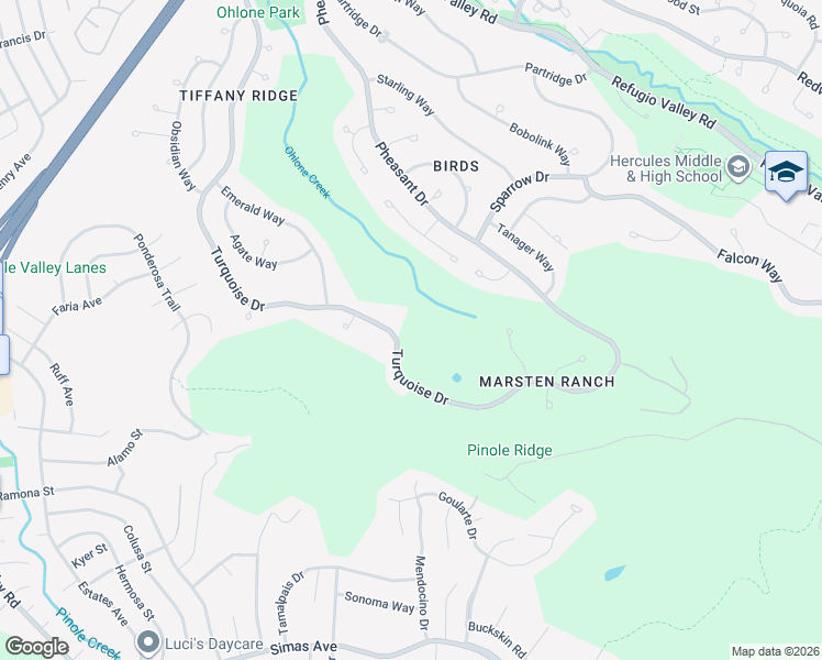 map of restaurants, bars, coffee shops, grocery stores, and more near 2 Turquoise Drive in Hercules
