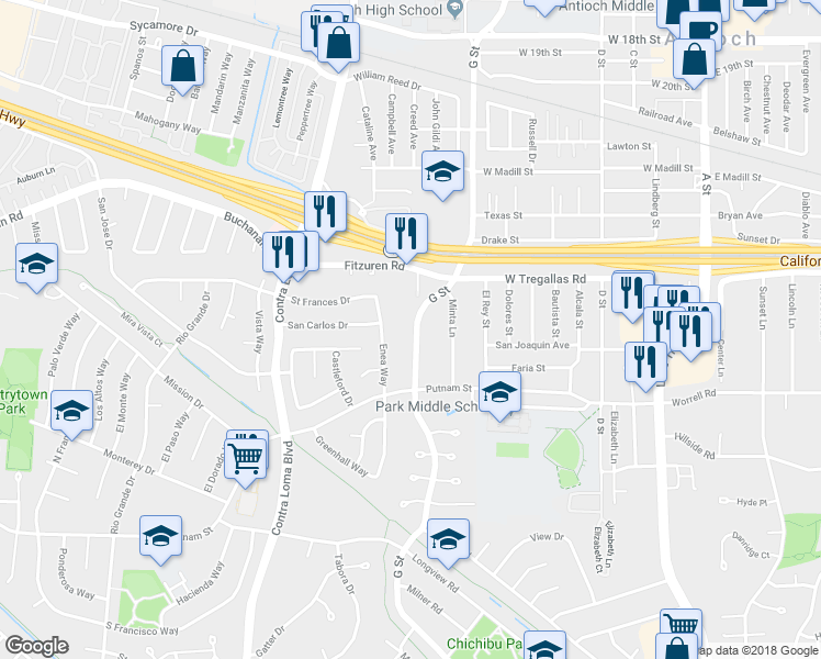 map of restaurants, bars, coffee shops, grocery stores, and more near 2732 G Street in Antioch
