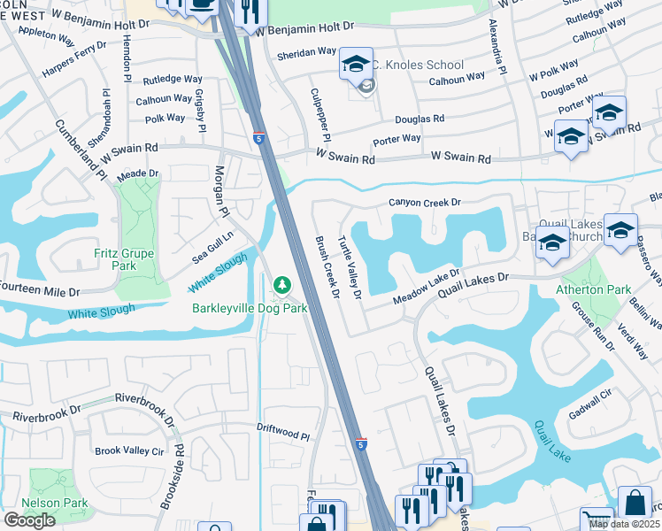 map of restaurants, bars, coffee shops, grocery stores, and more near 5758 Brush Creek Drive in Stockton
