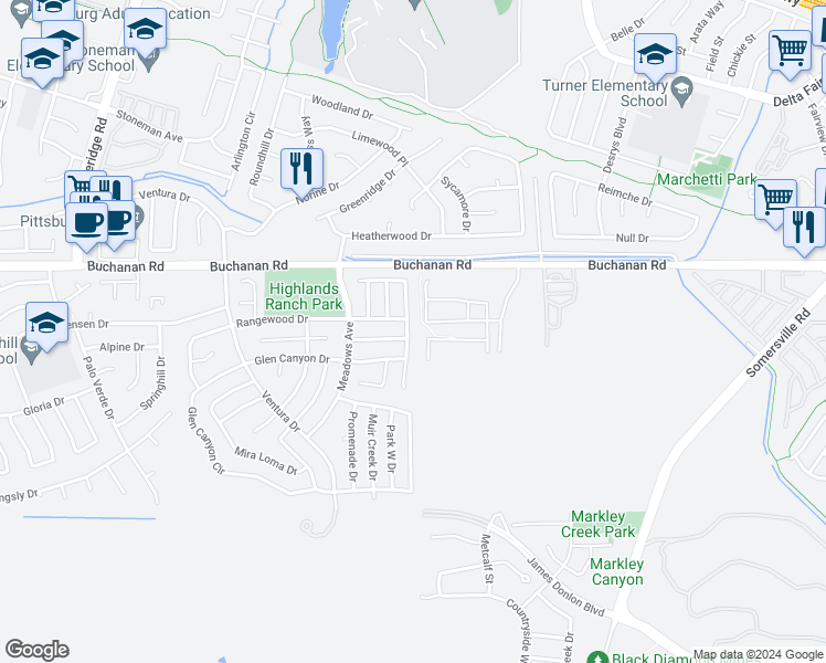 map of restaurants, bars, coffee shops, grocery stores, and more near 558 Silver Saddle Drive in Pittsburg