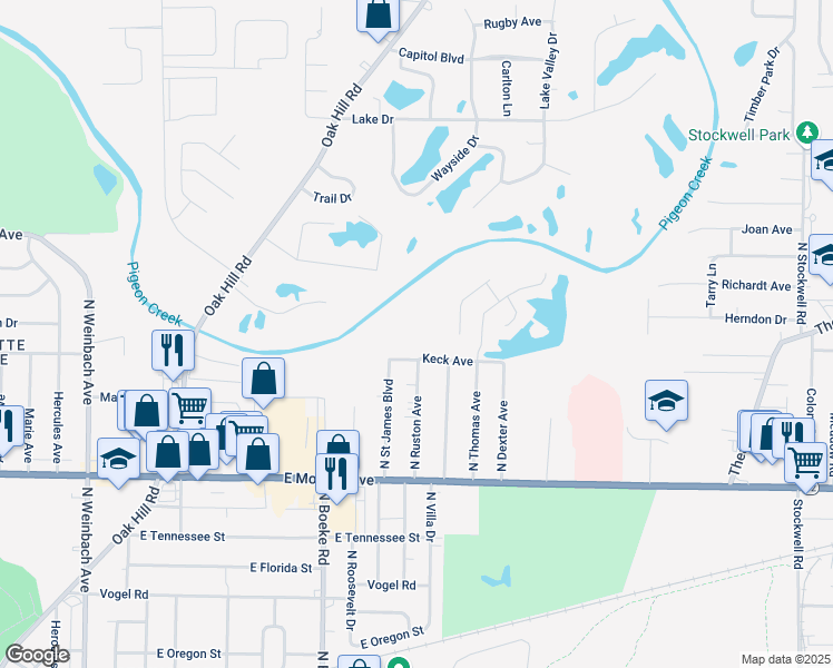 map of restaurants, bars, coffee shops, grocery stores, and more near 2701 Keck Avenue in Evansville