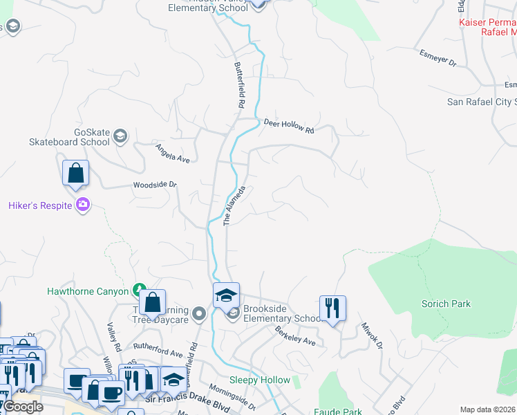 map of restaurants, bars, coffee shops, grocery stores, and more near 290 The Alameda in San Anselmo