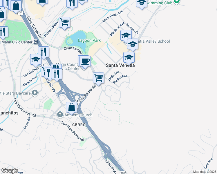map of restaurants, bars, coffee shops, grocery stores, and more near 32 Village Circle in San Rafael