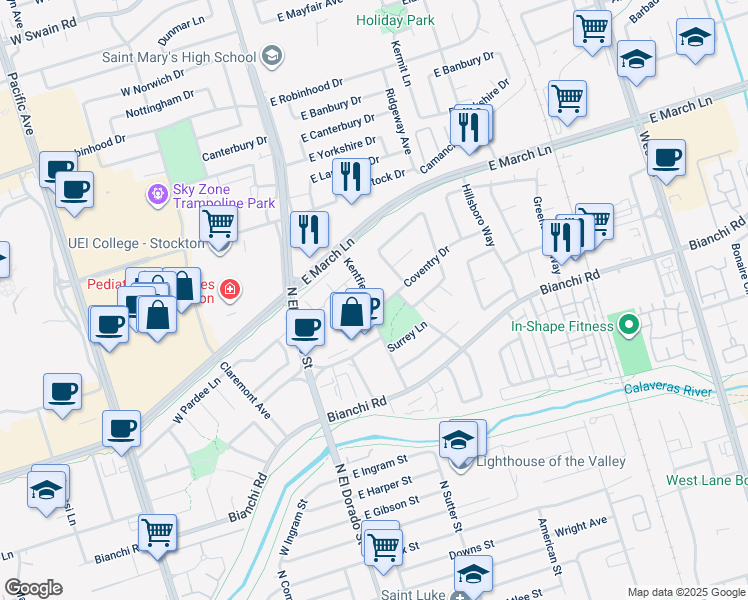 map of restaurants, bars, coffee shops, grocery stores, and more near 4880 Kentfield Road in Stockton