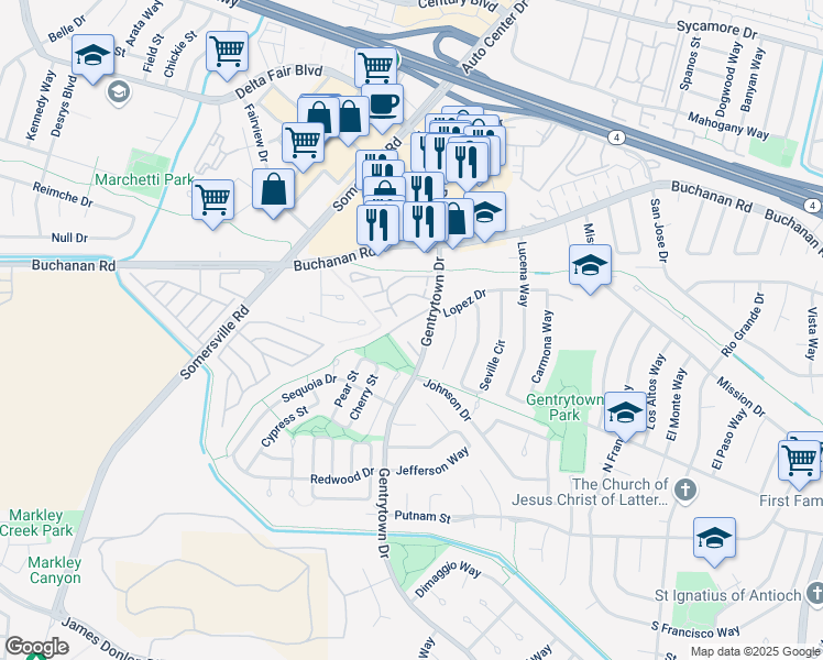 map of restaurants, bars, coffee shops, grocery stores, and more near 2856 Gentrytown Drive in Antioch