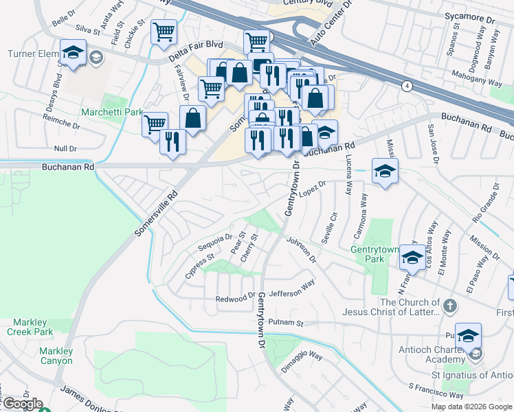 map of restaurants, bars, coffee shops, grocery stores, and more near 2500 Cathy Court in Antioch