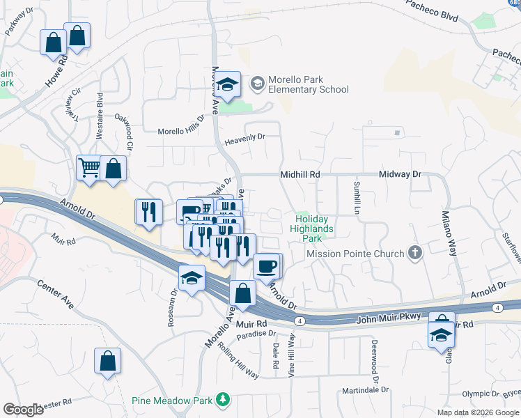 map of restaurants, bars, coffee shops, grocery stores, and more near 444 Fig Tree Lane in Martinez