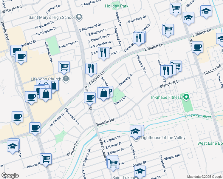 map of restaurants, bars, coffee shops, grocery stores, and more near 4880 Kentfield Road in Stockton