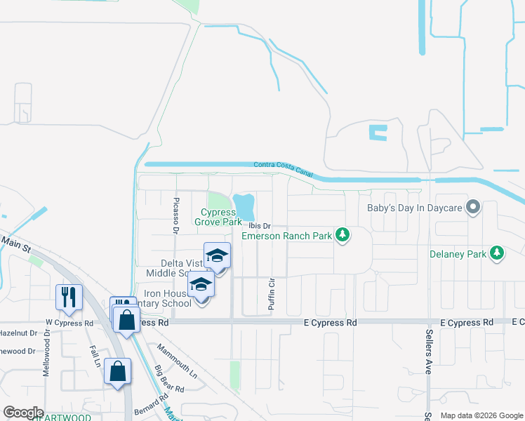 map of restaurants, bars, coffee shops, grocery stores, and more near 4794 Snowy Egret Way in Oakley