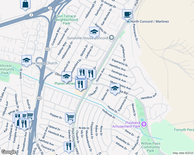 map of restaurants, bars, coffee shops, grocery stores, and more near 3425 Dormer Avenue in Concord