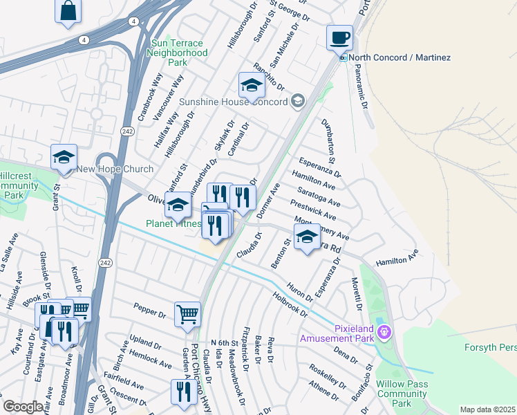 map of restaurants, bars, coffee shops, grocery stores, and more near 3425 Dormer Avenue in Concord