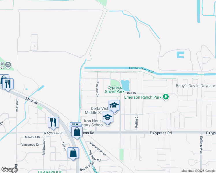 map of restaurants, bars, coffee shops, grocery stores, and more near 59 Escher Circle in Oakley