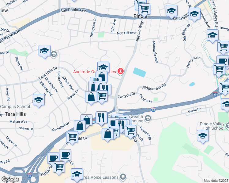 map of restaurants, bars, coffee shops, grocery stores, and more near 2116-2148 Appian Way in Pinole