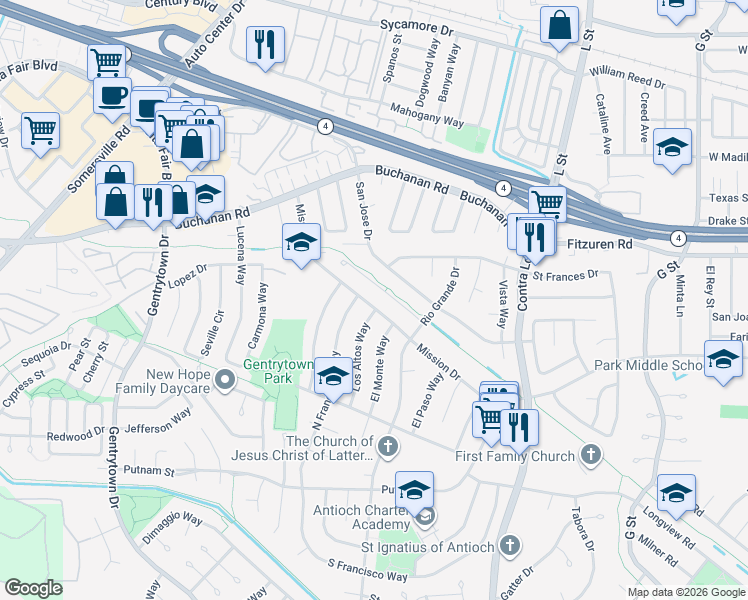 map of restaurants, bars, coffee shops, grocery stores, and more near 1417 San Jose Drive in Antioch