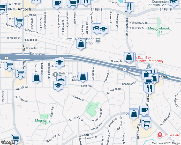 map of restaurants, bars, coffee shops, grocery stores, and more near 640 East Tregallas Road in Antioch