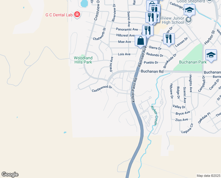 map of restaurants, bars, coffee shops, grocery stores, and more near 161 Castlewood Drive in Pittsburg