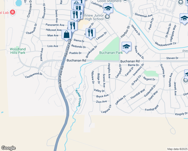 map of restaurants, bars, coffee shops, grocery stores, and more near 4255 Hillview Drive in Pittsburg