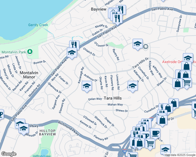 map of restaurants, bars, coffee shops, grocery stores, and more near 2651 Tara Hills Drive in San Pablo
