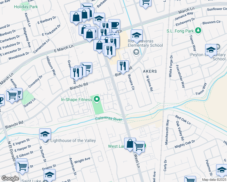 map of restaurants, bars, coffee shops, grocery stores, and more near 4620 Woodbine Drive in Stockton