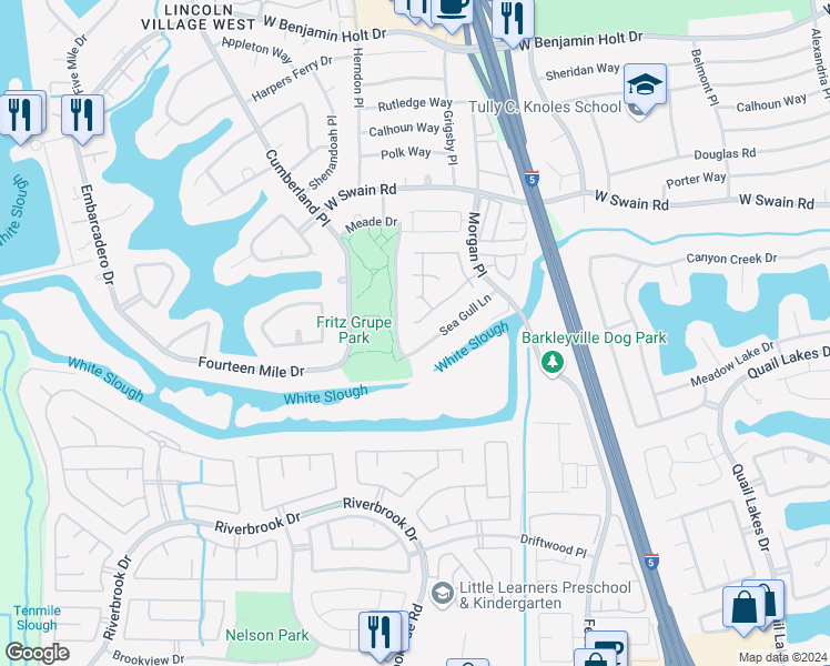map of restaurants, bars, coffee shops, grocery stores, and more near 5848 Land View Drive in Stockton