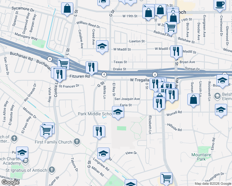 map of restaurants, bars, coffee shops, grocery stores, and more near 2736 El Rey Street in Antioch