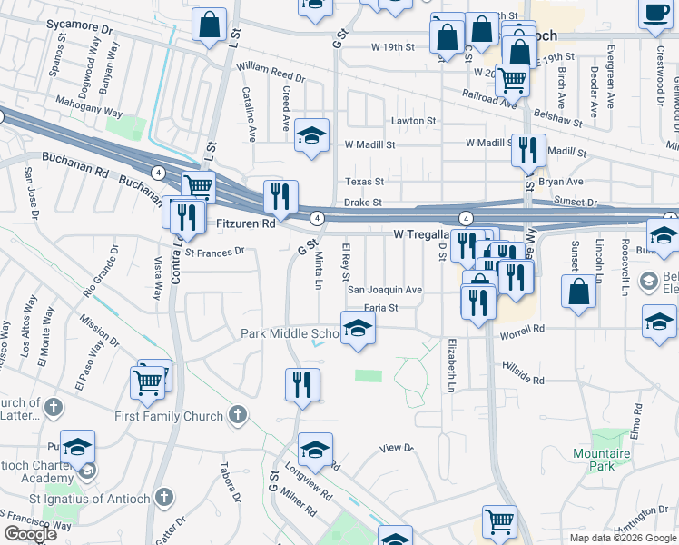 map of restaurants, bars, coffee shops, grocery stores, and more near 2736 El Rey Street in Antioch