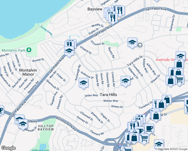 map of restaurants, bars, coffee shops, grocery stores, and more near 2651 Tara Hills Drive in San Pablo