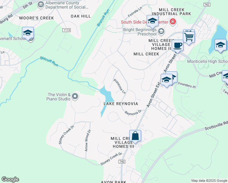 map of restaurants, bars, coffee shops, grocery stores, and more near 229 Buttercup Lane in Charlottesville