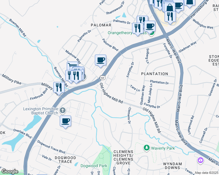 map of restaurants, bars, coffee shops, grocery stores, and more near 4235 Reserve Road in Lexington