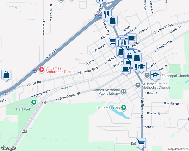 map of restaurants, bars, coffee shops, grocery stores, and more near 502 West James Boulevard in Saint James