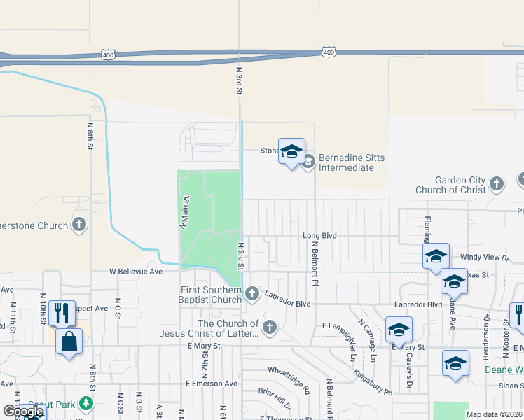 map of restaurants, bars, coffee shops, grocery stores, and more near 2930 Patty Place in Garden City