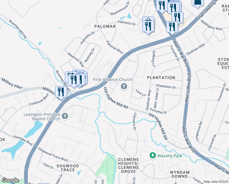 map of restaurants, bars, coffee shops, grocery stores, and more near 4235 Reserve Road in Lexington